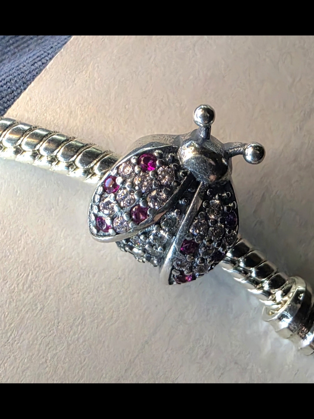 Sterling Silver Ladybug Charm with Pink and Clear Stones